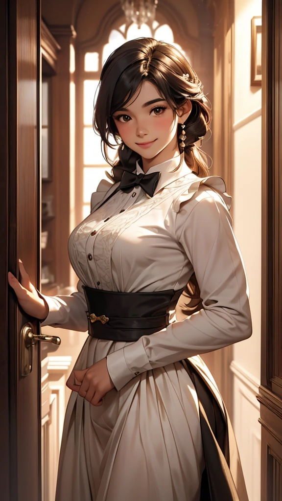a well-dressed maid standing in a doorway, perfect posture, polite and smiling, 12 years old, high quality, detailed portrait, photorealistic, cinematic lighting, warm color palette, intricate details, elegant, beautiful, delicate features, large eyes, long lashes, realistic skin texture, dynamic pose, ambient occlusion, depth of field, seamless blend of elements, masterful composition