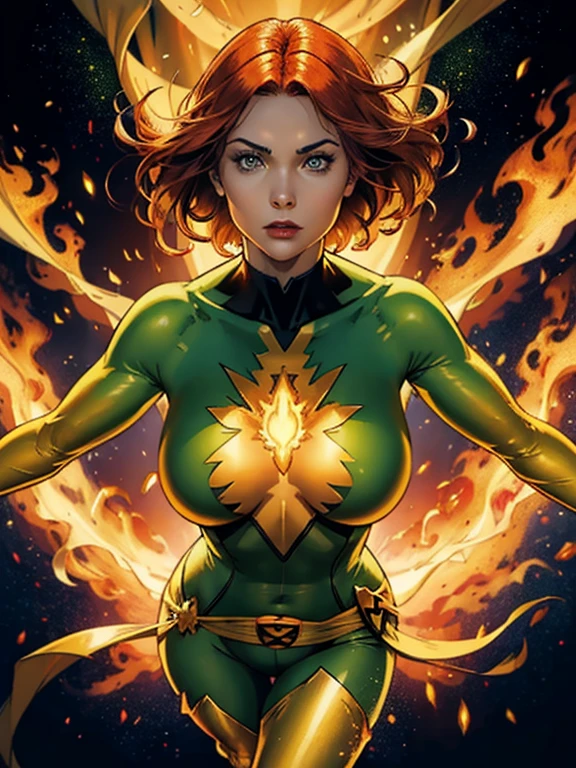 a woman in a yellow and green outfit is flying through the air, jean grey, full body portrait of jean grey, a dark phoenix, she has fire powers, portrait of jean grey, starfire, phoenix-inspired, appears as the fire goddess, phoenix in fire, her body made of flames, inspired by Mary Jane Begin, phoenix warrior, fiery coloring, beautiful detailed eyes, beautiful lips, detailed nose, round breasts, tight round breasts, beautiful face, cameltoe