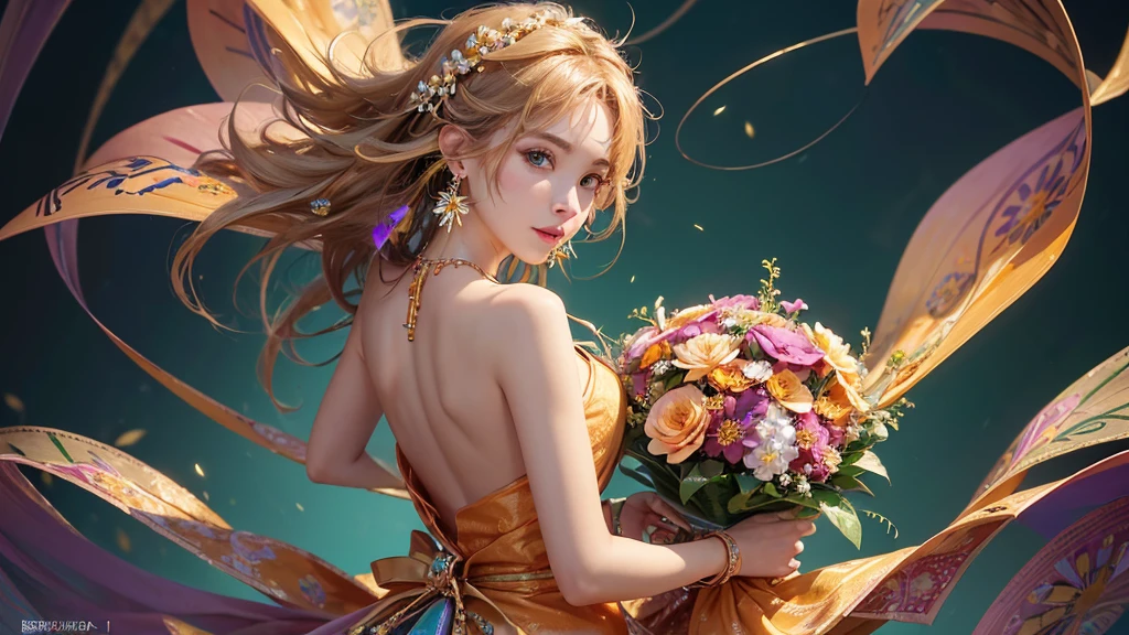 32K, 最高quality, 最高masterpiece, (ultra-Detailed Background, Detailed Background), High resolution, Super detailed, Very detailedな, One girl, (bouquet:1.3), (Tangled:1.2), (Geometric:1.2),(colorful),(masterpiece, quality, best quality, Official Art, Beautiful and beautiful:1.2), (1 girl:1.3), Very detailed,(colorful:1.1)(Flowers:1.3),Most detailed,(Tangled:1.2), whole body, (Abstract background:1.3), (Skin glows), (Many colors:1.4), ,(Earrings Jewelry:1.5), Pale Orange Background,