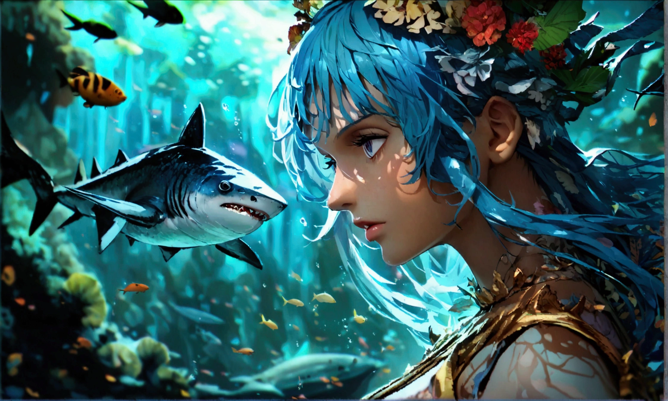 Shark fishman, long blue hair, fashionable outfit, confident expression, deep sea scenery, "One Piece-inspired anime character design, full of dramatic and impressive lighting, focus on the centralized character, impressive face, full of creative details, 4K ultra-fine design, scenery bathed in creativity, boasting 2D anime resolution clarity, HD anime graphics, high-octane rendering"