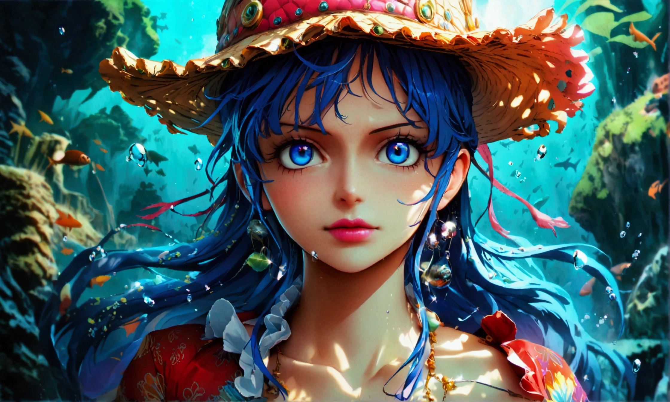 Shark fishman, long blue hair, fashionable outfit, confident expression, deep sea scenery, "One Piece-inspired anime character design, full of dramatic and impressive lighting, focus on the centralized character, impressive face, full of creative details, 4K ultra-fine design, scenery bathed in creativity, boasting 2D anime resolution clarity, HD anime graphics, high-octane rendering"