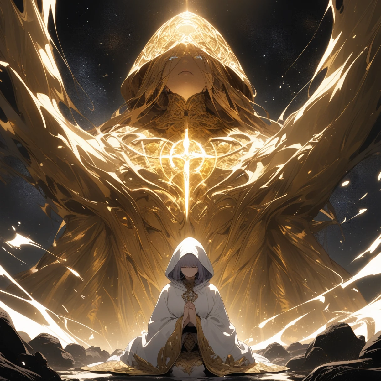 Elden Ring、An intricate golden coat of arms、Dark Space、Golden Giant Tree、A woman in a white hood praying