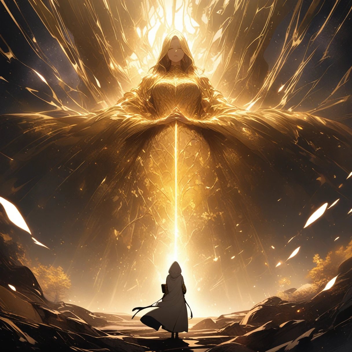 Elden Ring、An intricate golden coat of arms、Dark Space、Golden Giant Tree、A woman in a white hood praying