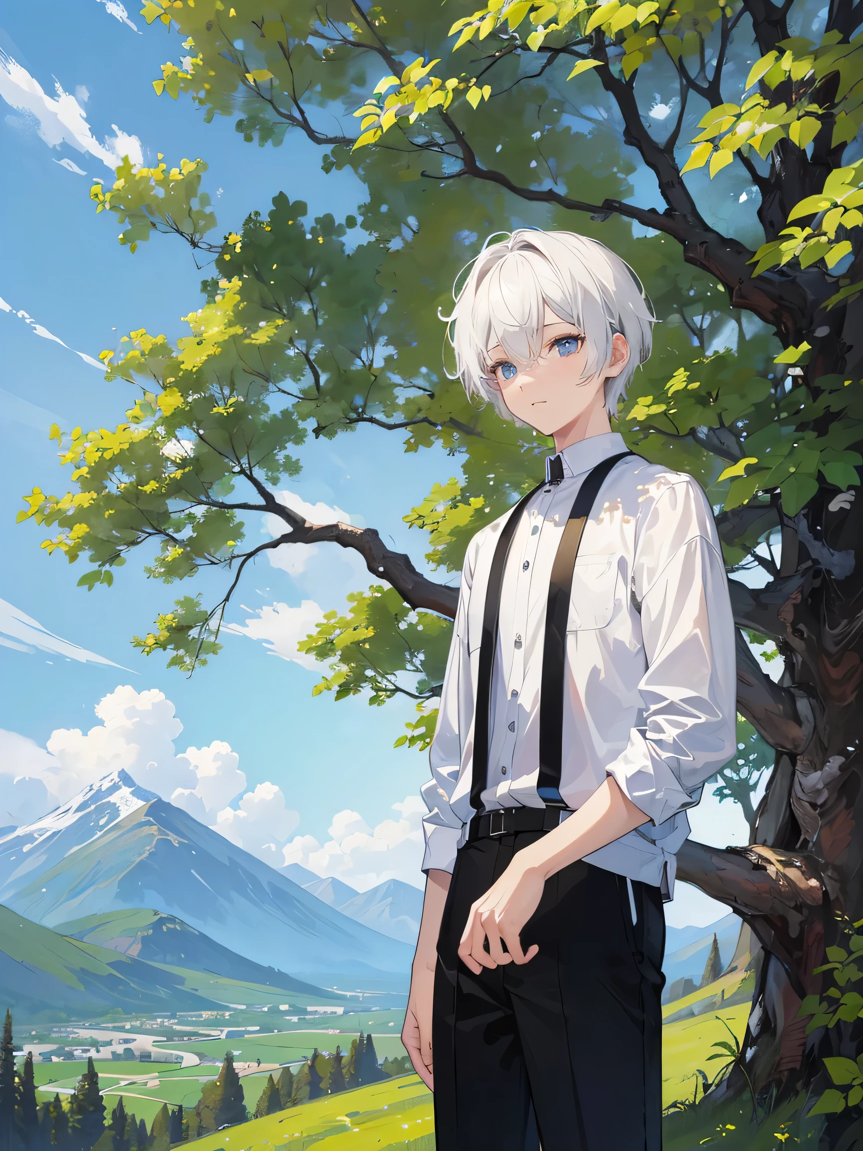 (​masterpiece, top-quality, Extremely high quality, high-level image quality, Extremely sensitive writing) 1boy, short white hair, detailed eyes, mountain background, trees, simple clothes, black pants