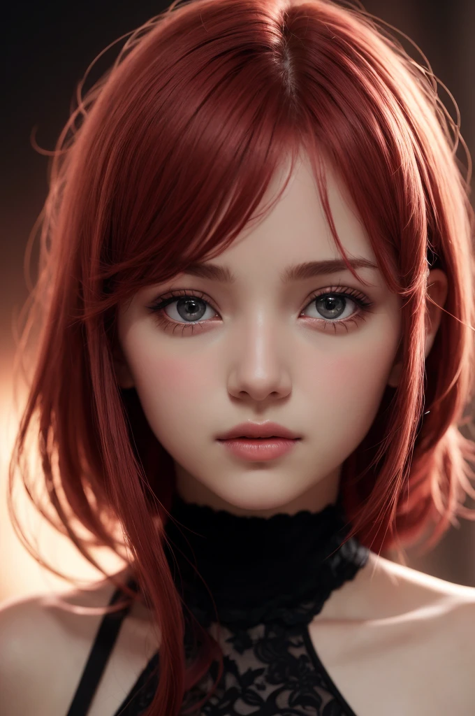 1girl, star eye, blush, perfect lighting, red hair, Eyes red, engine unreal, side-lighting, face detailed, bangss, shining skin, simple background, darkness background,