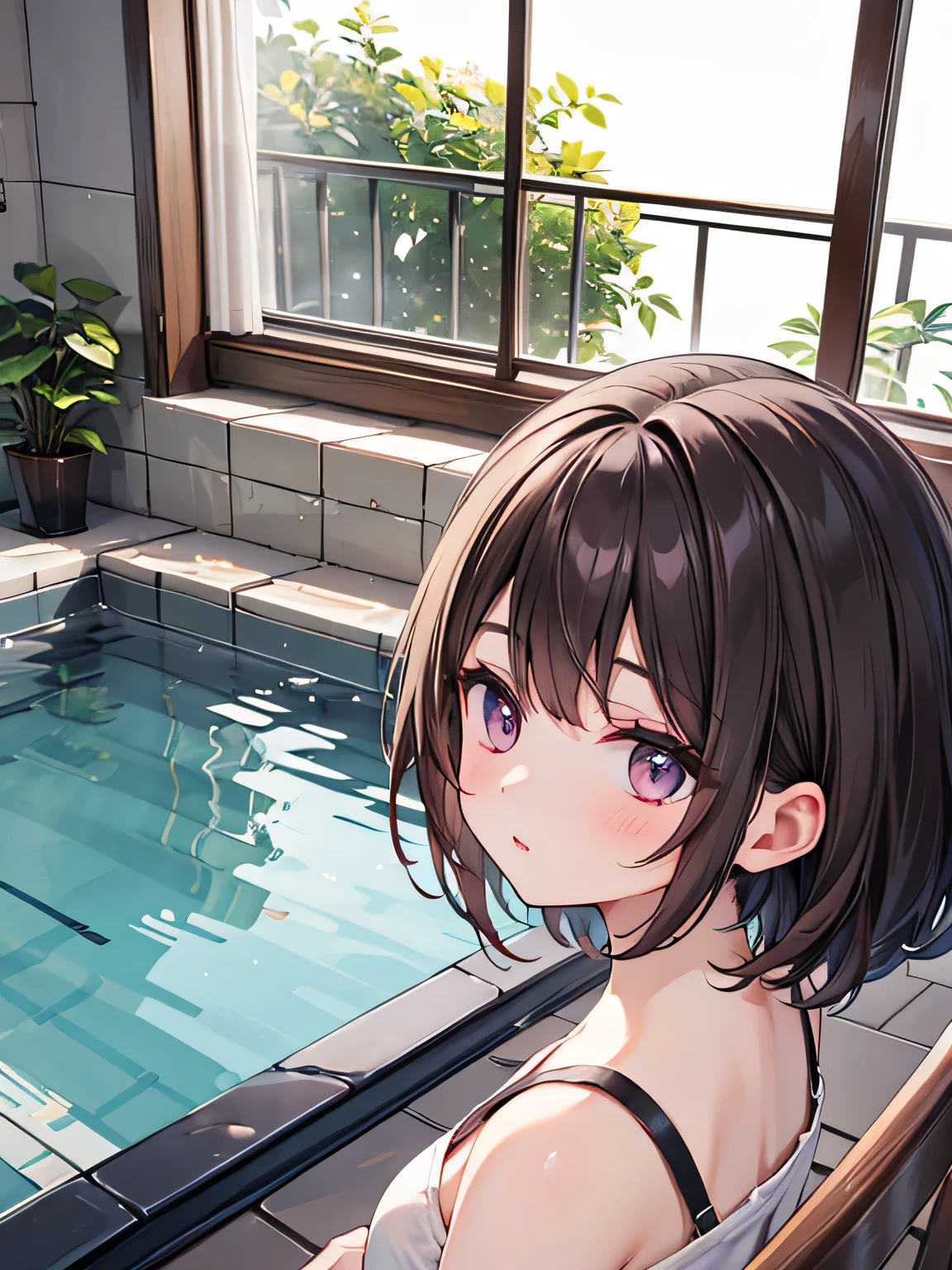 woman、bath、Brown Hair、Distorting the face