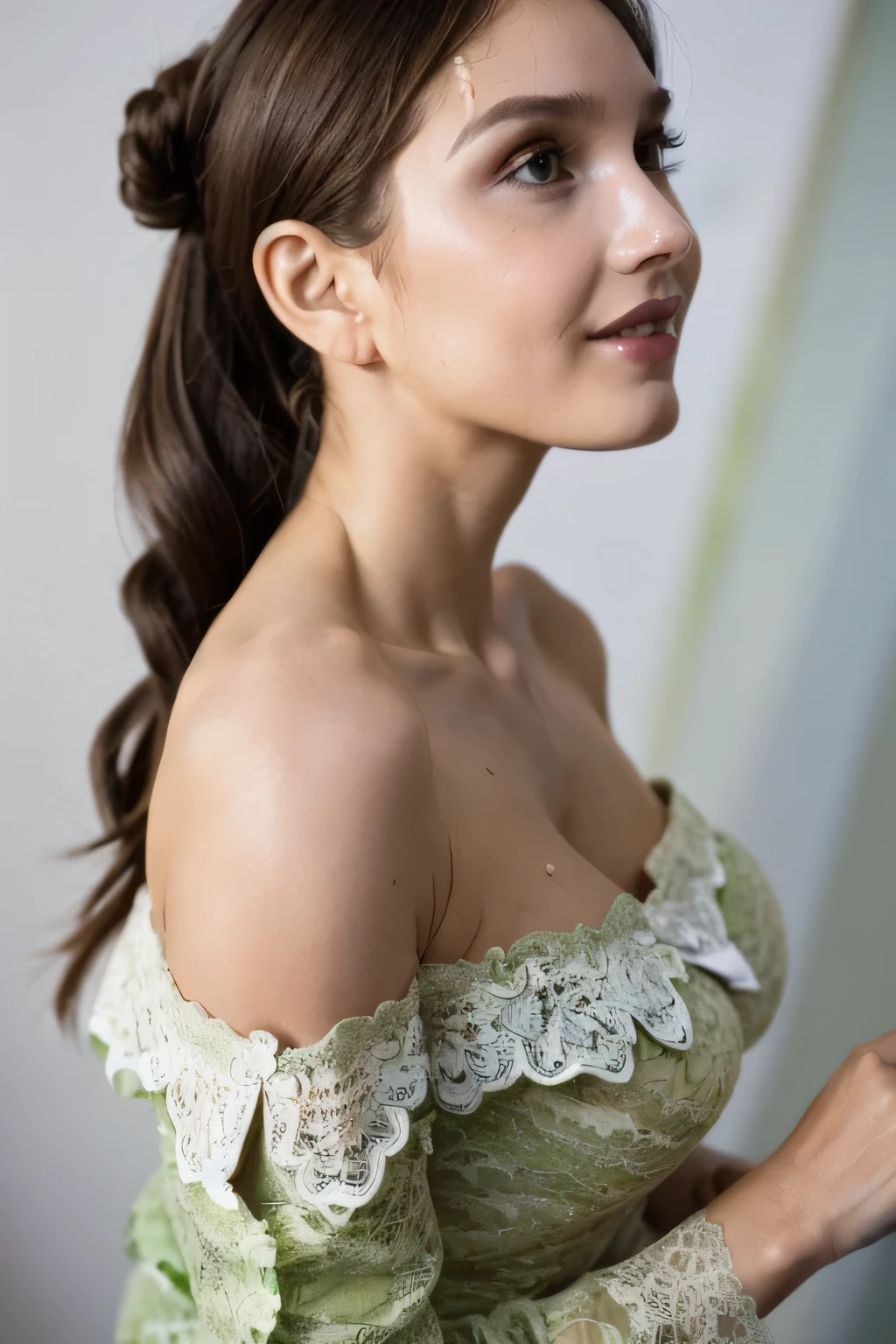 ((Highest quality, 8k, masterpiece: 1.3)), sharp: 1.2, Perfect Body Beauty: 1.6, ((Layered Hairstyles, Big Breasts: 2.0)), (white and long legs: 2.0), (Emerald green lace dress: 2.0, Off-the-shoulder dress: 2.0, A dress with a wide open chest: 2.0), (Bold cleavage: 2.0), ((Sideboob)), ((long hair: 2.0)), ((necklace)), Earrings, ring, Bracelet, Hair Accessories, ((Beautiful young teenager woman)), ((Straight nose)), (Eyeliner), Armpit Hair, Bristles, ((White and beautiful skin)), Wavy Hair, Beautiful attention to detail, Super detailed, Highly detailed face and skin texture, fine grain, double eyelid, Black Hair, Big Ass, Lower Body, Thighs, (((Skinny))), Wet and shiny lips, smile, Get a grip on your body, ((Anatomically correct human body)), ((Crisp body shape)), Ribs, clavicle, Protruding skeleton, A face without nasolabial folds, Shyness, Thin eyebrows, Big eyes, (shoot from side: 1.5), (Narrow shoulders: 2.0)