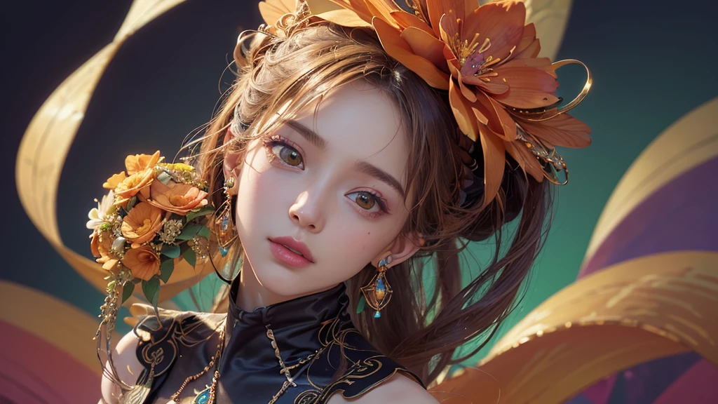 32K, 最高quality, 最高masterpiece, (ultra-Detailed Background, Detailed Background), High resolution, Super detailed, Very detailedな, One girl, (bouquet:1.3), (Tangled:1.2), (Geometric:1.2),(colorful),(masterpiece, quality, best quality, Official Art, Beautiful and beautiful:1.2), (1 girl:1.3), Very detailed,(colorful:1.1)(Flowers:1.3),Most detailed,(Tangled:1.2), whole body, (Abstract background:1.3), (Skin glows), (Many colors:1.4), ,(Earrings Jewelry:1.5), Pale Orange Background,