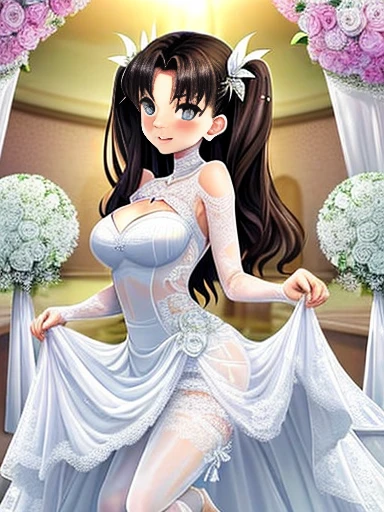 ,1 girl,,, Triple D cup breasts,Pointed Chest,Cleavage,Underbust,Side bust,(blush),((Embarrassing)),Happy,Wet,Spread your arms,Leg spread,(((Garment Lift))),(See through),(((White Wedding Dress))), (Tohsaka Rin), Black Hair, Mid-length hair,Twin tails, Pause, Big round ass