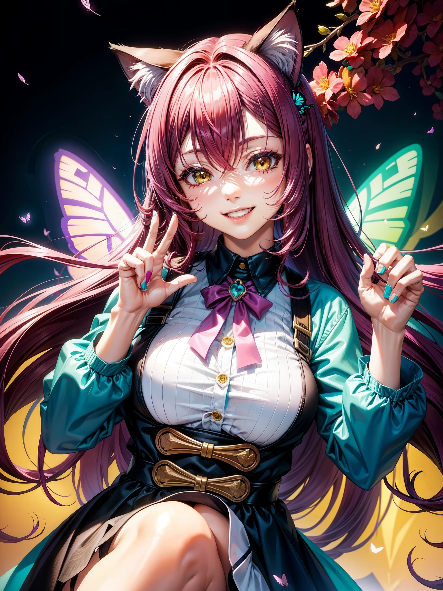 Magenta hair, brown eyes, older woman, long thick hair, pretty hair ornaments, smile face, happy face, cat ears, sexy uniform outfit, background, butterflies, teal and yellow, no hair in face, no bangs in hairstyle