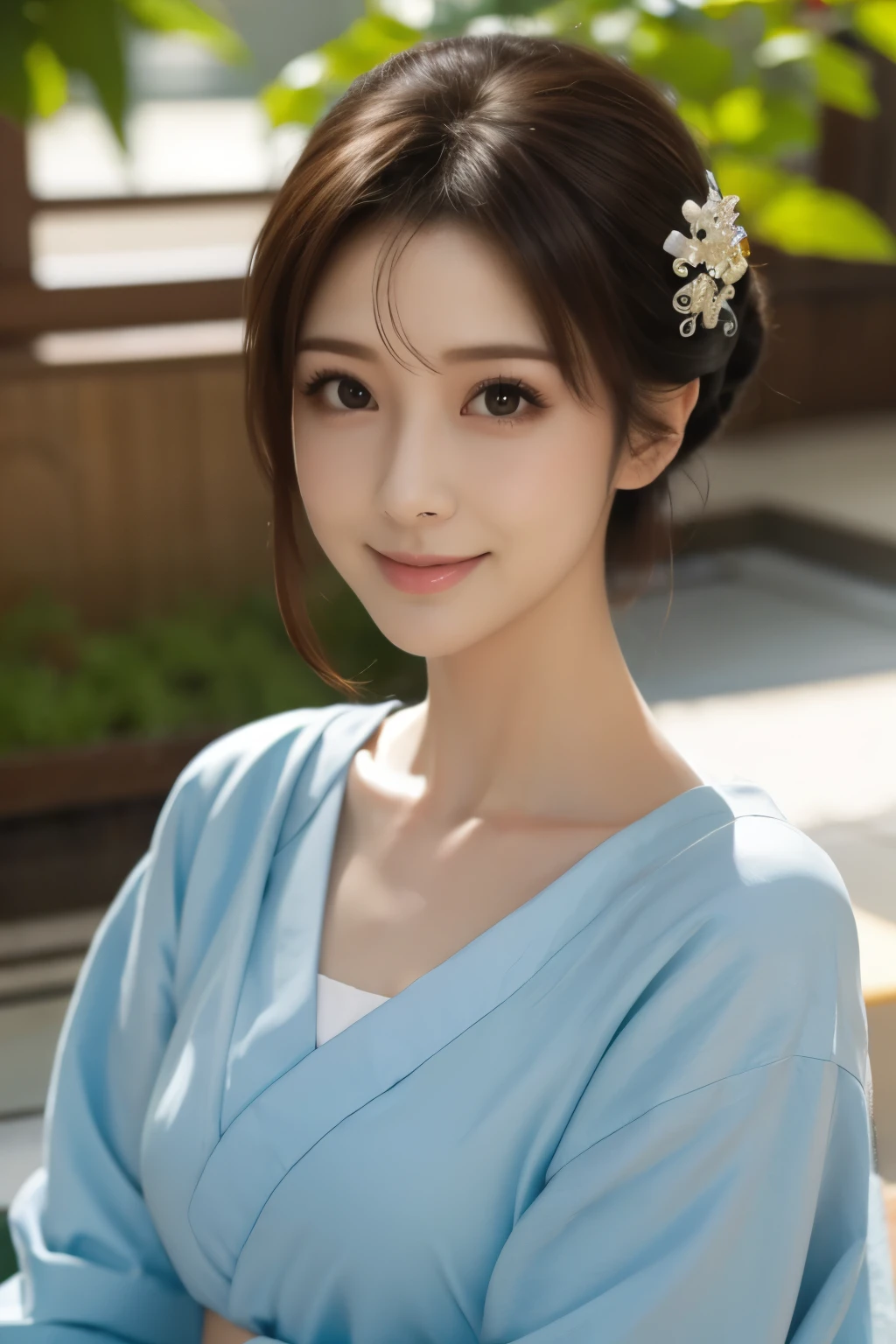 (best quality,highres,ultra-detailed),((portrait )),1beautiful Japanese lady,beautiful detailed eyes,beautiful detailed lips,extremely detailed face,longeyelashes,soft smile,flowing hair,natural lighting, wearling japanese elegant Kimono,((Hair up)),((smiling)),