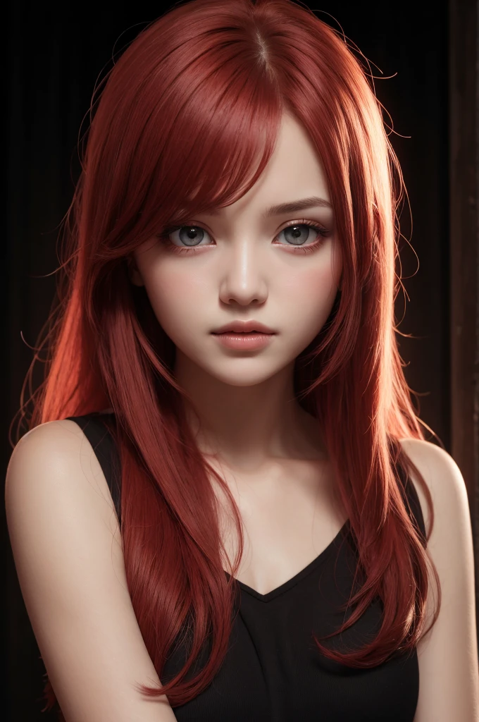1girl, star eye, blush, perfect lighting, red hair, Eyes red, engine real, side-lighting, face detailed, bangss, shining skin, simple background, darkness background,