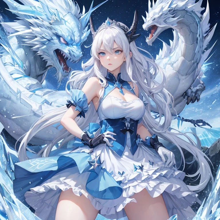 Anime girl, queen, white hair, blue eyes, blue icey dress, shoulders exposed, ice queen, cold gaze, stern, intimidating. Dragons in background.