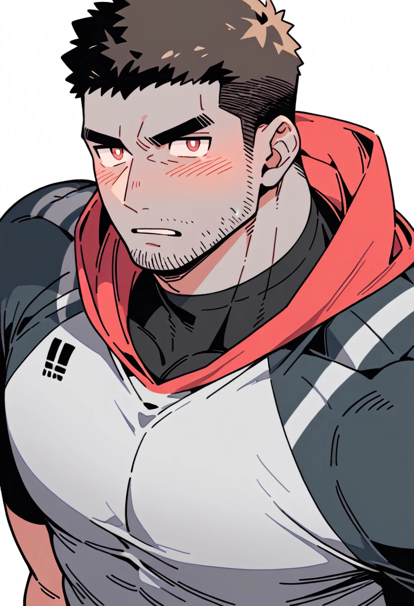 anime characters:Chris Redfield, Dark Grey Skin Muscle Sports Student, Buzz Cut, Manliness, male focus, Sports tight hooded sweatshirt, Under Armour Brand, Wear a high-necked tights underneath, Very tight, Huge pectoral muscles, muscular male, muscular, only, Upper body, alone, Red short hair, Thick eyebrows, stubble, Brown-red pupils, White background, Solid color background, Clean background, simple background, amazing quality, best aesthetics, Ridiculous, crew cut, bright pupils, embarrassed, frown, parted lips, endured face, negative space, negative space, best quality