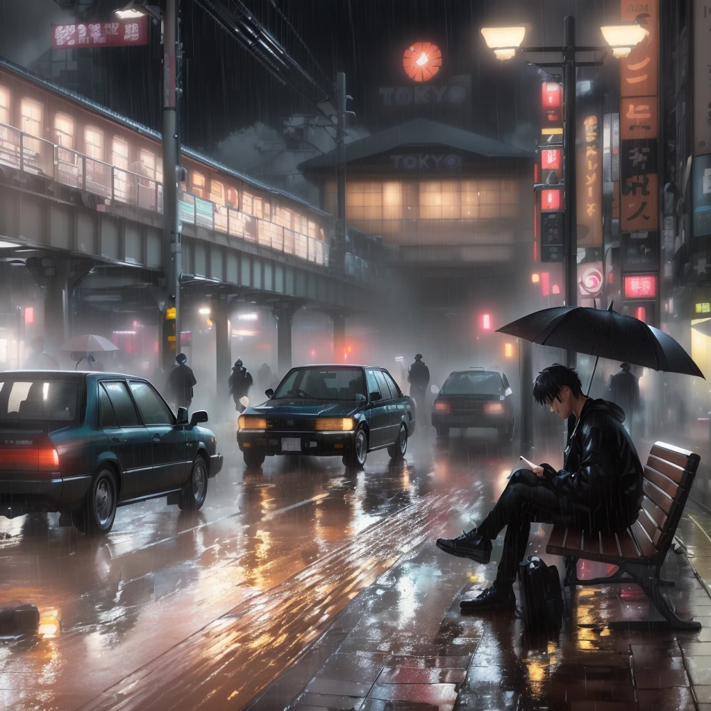 in the rain、There is a man sitting on a bench, Tokyo Anime Scene, Beep. hyperrealism, realism | Beep, Beep daily art, Heavy rain at night in Tokyo, Beep art, Tokyo is futuristic and clean, style hybrid mix of Beep, 3 d render Beep, Beep masterpiece
