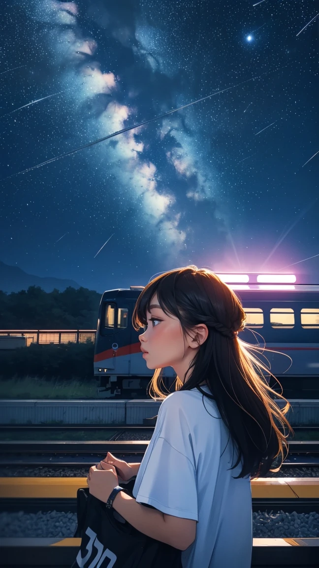 train,  high quality,trainから降りる, T-Shirts、Station platform,Stargazing,  Put on your headphones, Night Journey, Beautiful starry sky, beautiful girl, UHD Portrait, colorful, Long hair in color 🌈
