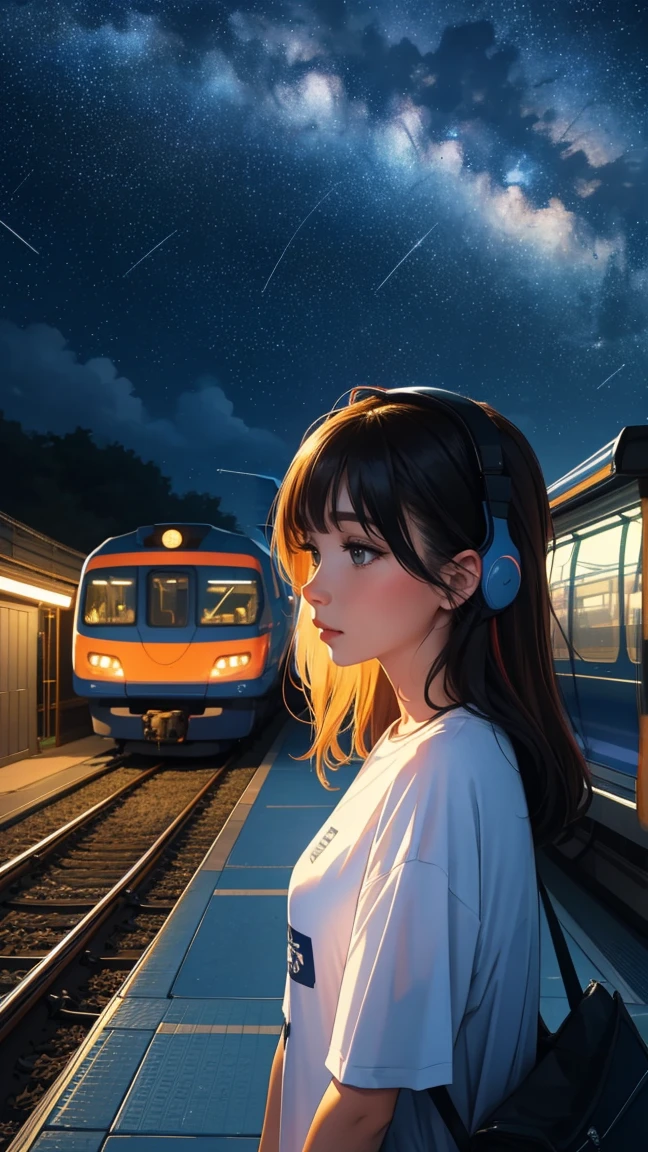 train, high quality,trainから降りる, T-Shirts、Station platform,Stargazing, Put on your headphones, Night Journey, Beautiful starry sky, beautiful girl, UHD Portrait, colorful, Long hair in color 🌈