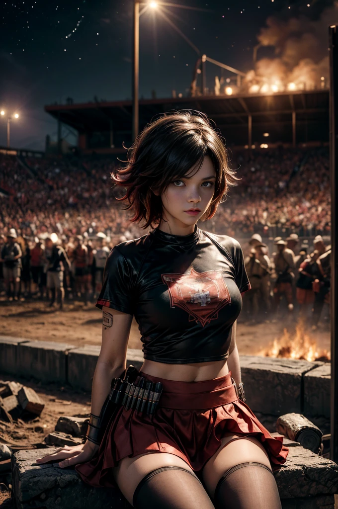 (masterpiece, best quality:1.2), cowboy shot, solo, dynamic pose, 1girl, ruby rose, looking at viewer,  t-shirt, red skirt, pantyhose, sitting, outside deserted stadium, bonfires, river, crowd, (crowd in military uniforms), night, stars, closed mouth, serious look, serious expression, post-apocalypse, dystopian future