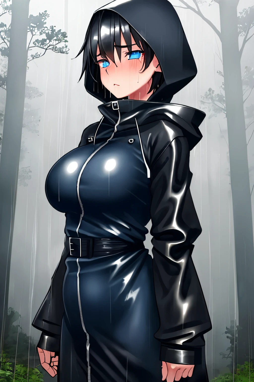 Cool girl,boyish,Very short hair,blue eyes,black long raincoat,Wear a hood,Gloomy face,Black Hair,Big Breasts,blush,Sweat,Are standing,forest,Wet,rain,fog,cloudy,Humid air,Cowboy Shot