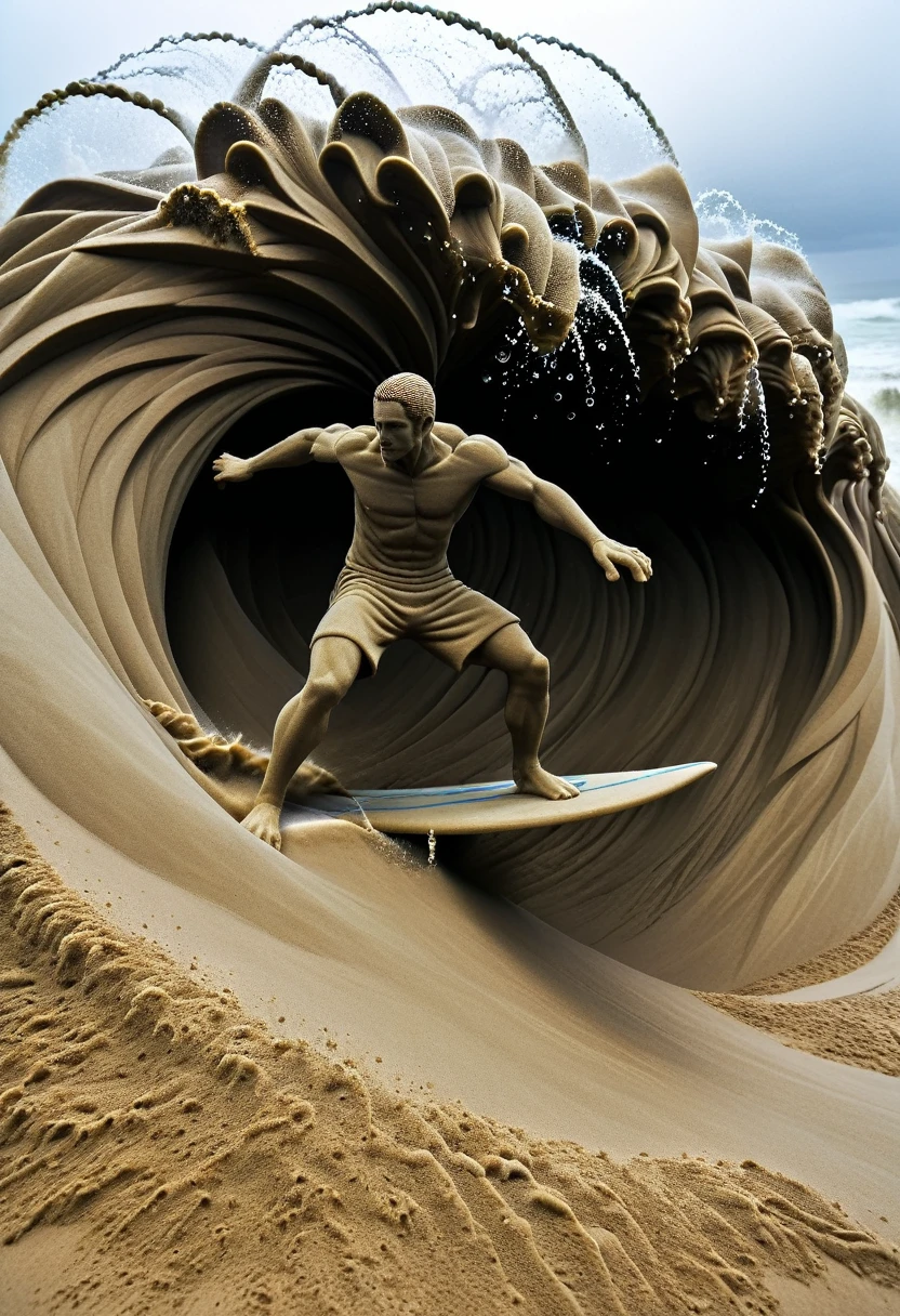 Sand sculpture style,  Surfer conquers huge wave during storm, Splashing water，Bubbles billowing in the air