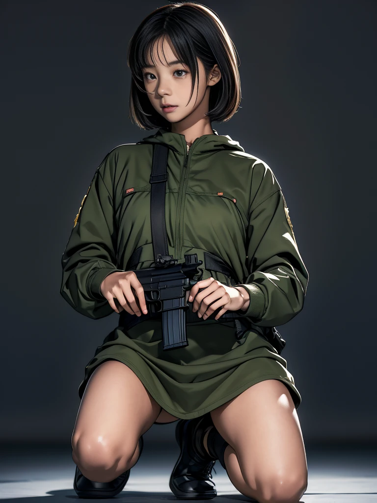 A masterpiece of realism: an 8K, ultra-detailed portrait of a Japanese Ground Self-Defense Force soldier. The subject, an elementary student-aged girl, stands tall on one knee, wearing camouflage clothing and helmet, holding a rifle with precision. The best light spot illuminates her natural pose, showcasing accurate human anatomy. Best realistic skin textures and subtle facial expressions convey determination as she aims her gun at the enemy. A symbol of strength and courage, this powerful image embodies the soldier's unwavering commitment to fighting social problems on the battlefield.