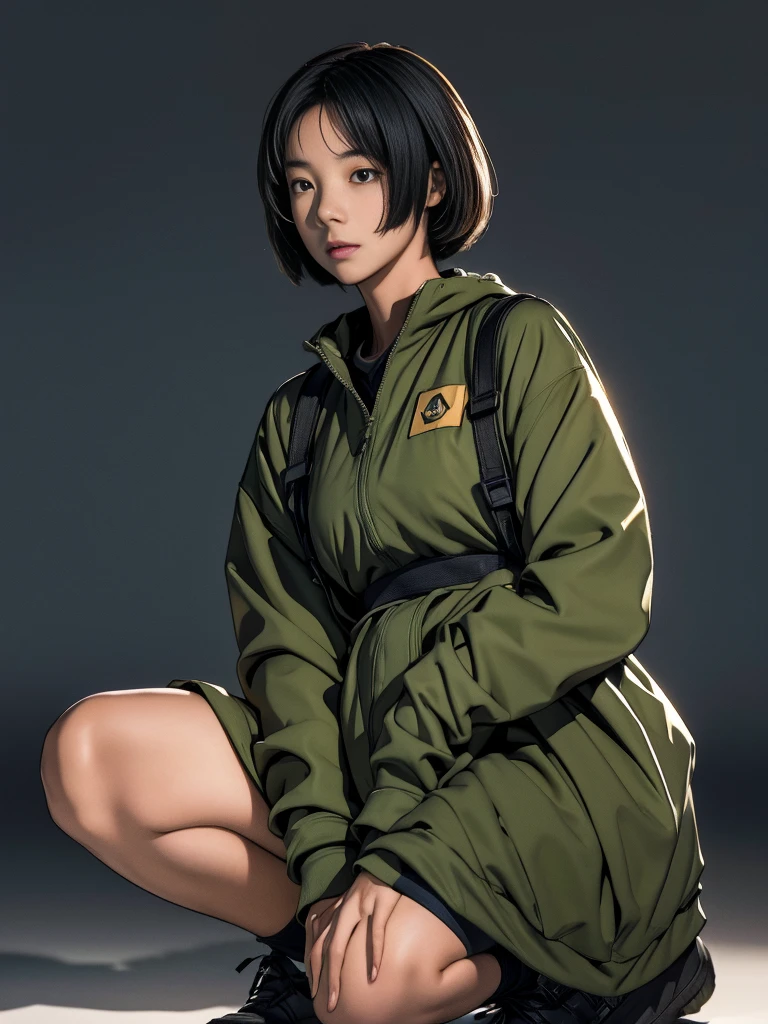 A masterpiece of realism: an 8K, ultra-detailed portrait of a Japanese Ground Self-Defense Force soldier. The subject, an elementary student-aged girl, stands tall on one knee, wearing camouflage clothing and helmet, holding a rifle with precision. The best light spot illuminates her natural pose, showcasing accurate human anatomy. Best realistic skin textures and subtle facial expressions convey determination as she aims her gun at the enemy. A symbol of strength and courage, this powerful image embodies the soldier's unwavering commitment to fighting social problems on the battlefield.