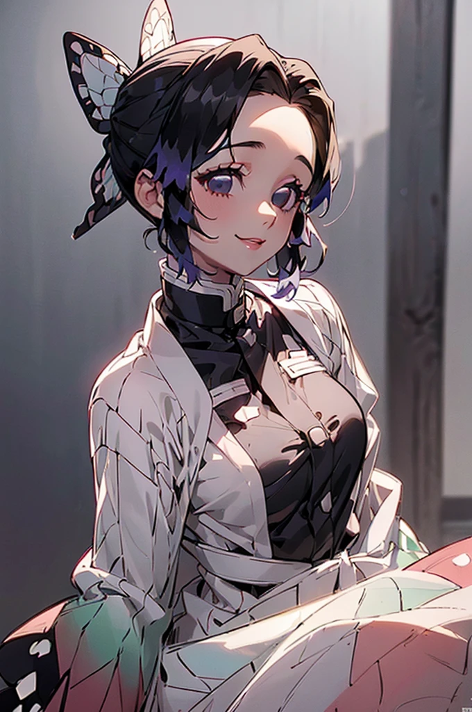 (((beautiful))), (((nurse, nurse))), ((Black Hair, ponytail, ribbon)), Small breasts, Glowing Skin, (((Intricate details))), High resolution, ((Intricate details, Ultra-detailed)), whole body, Are standing, looking at the camera, Red cheeks, smile, hospital,