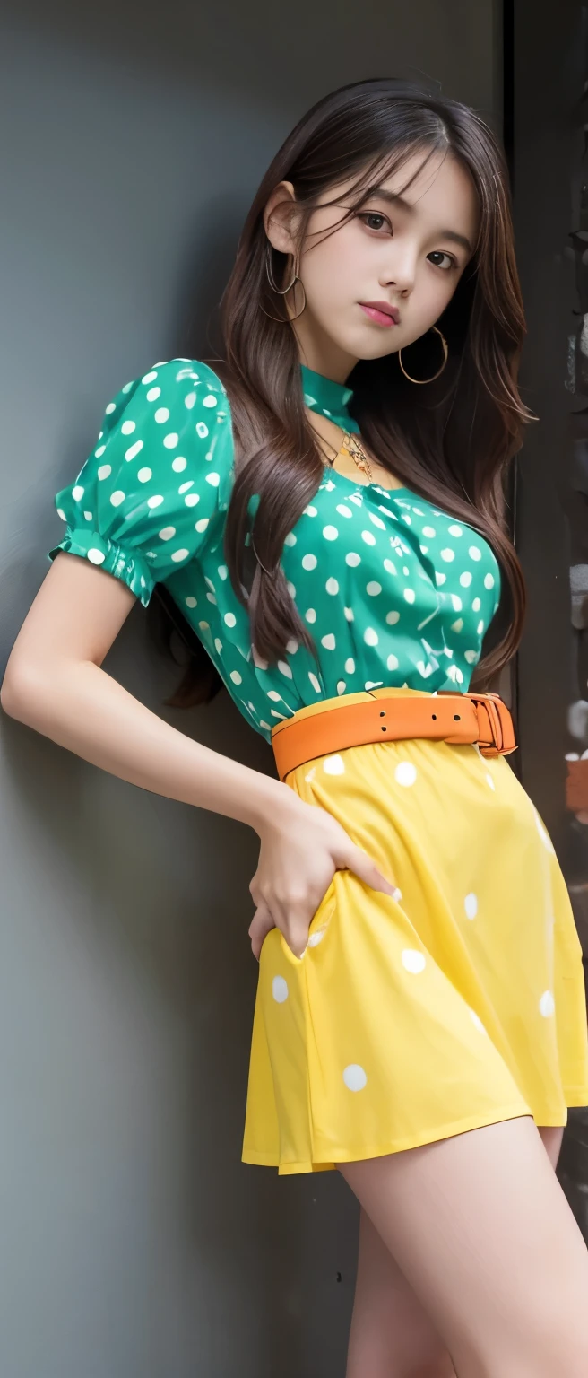 Cute Idol Girl、whole body、Good style、、、、、、、、、、Thick legs、Romantic polka dot tight dress(Red、blue、yellow、green、orange)、、Cool girl face、、cyber belt