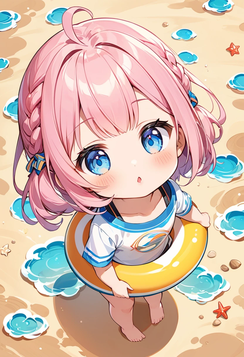 Highest quality、High resolution、Detailed Background、Beautiful face in every detail、Anatomically correct、Detailed facial expressions、fine grain、((full body, from above:1.2, side shot, looking away:1.5)), break　((One Girl:1.2)、(Chibi Girl:1.2))、Cute hair color、Big beautiful blue eyes、Fuller lips、Pink Lips、Braided twin tails、Ahoge、(Junior Surfer:1.2)、(Cute Swimsuits、barefoot)、break　((Lying on a surfboard:1.2))、((put your hands under your face:1.2))、(Sleeping with eyes closed:1.2)、Sweat、break　(The background is a sandy beach、You can see the big waves、Beach parasol、A few surfers)