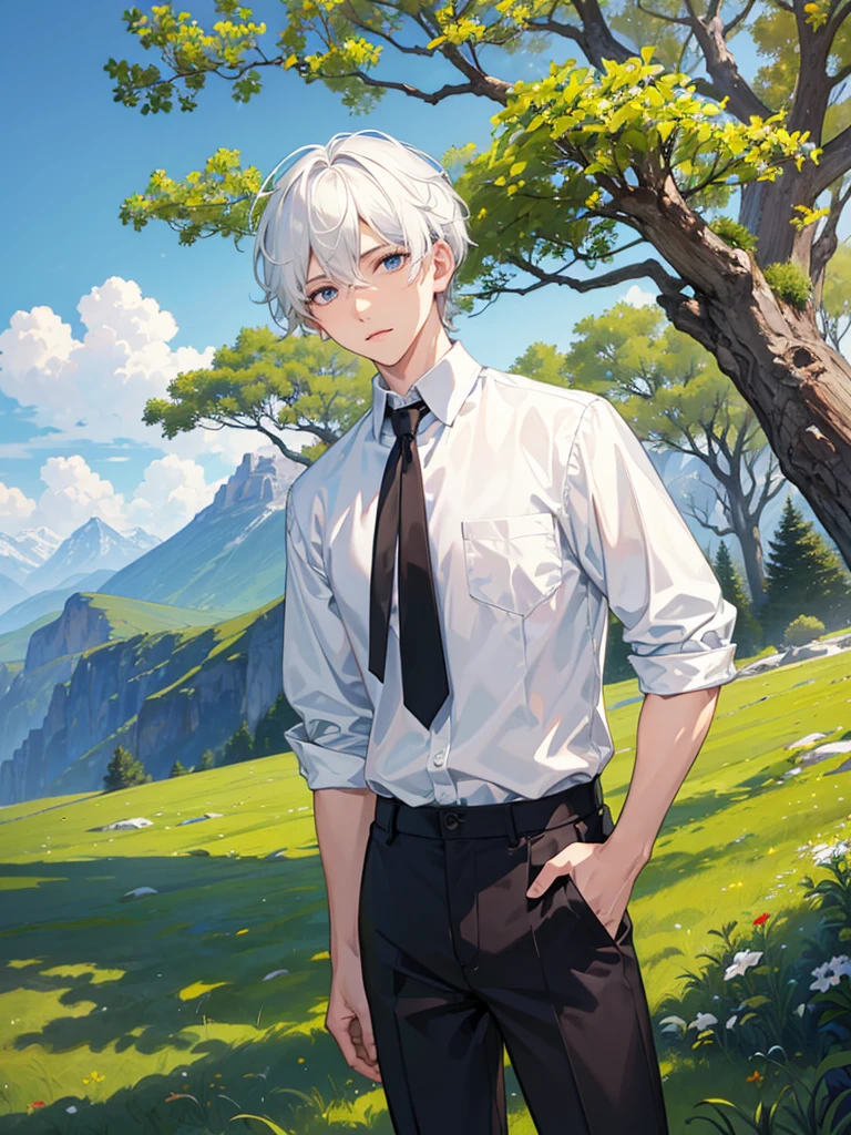 (​masterpiece, top-quality, Extremely high quality, high-level image quality, Extremely sensitive writing) 1boy, short white hair, detailed eyes, mountain background, trees, simple clothes, black pants