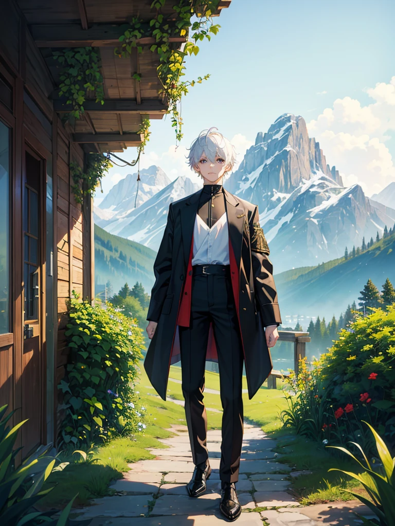 (​masterpiece, top-quality, Extremely high quality, high-level image quality, Extremely sensitive writing) 1boy, short white hair, detailed eyes, mountain background, trees, simple clothes, black pants
