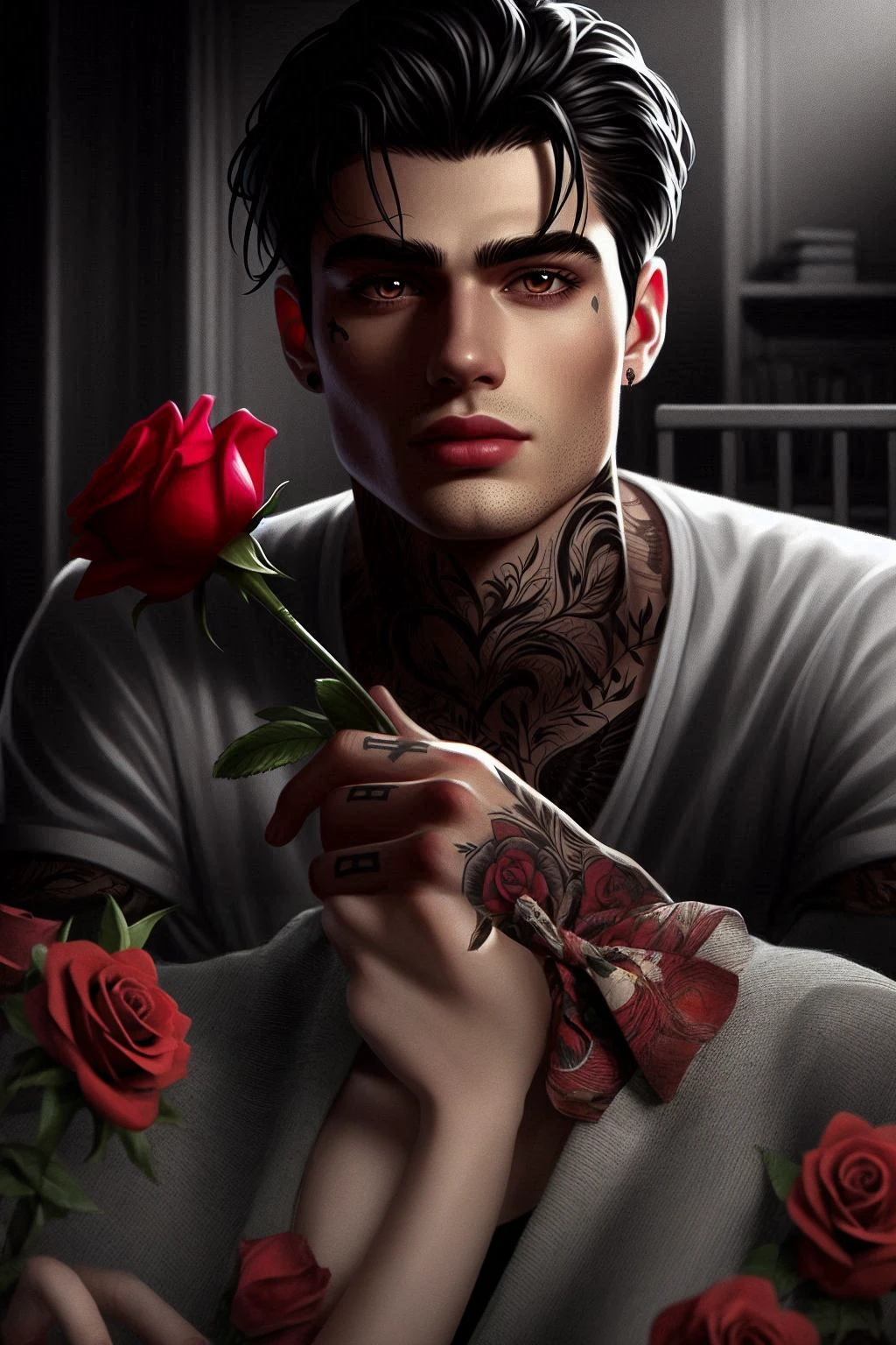 Sitting on a chair holding a red rose 