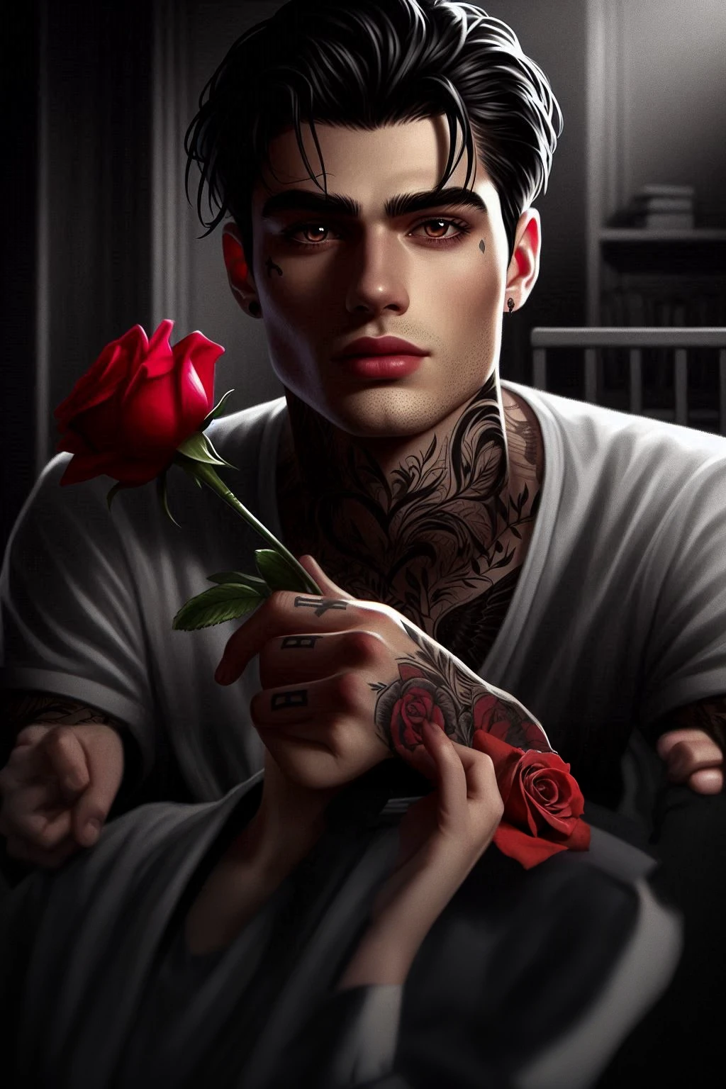 Sitting on a chair holding a red rose