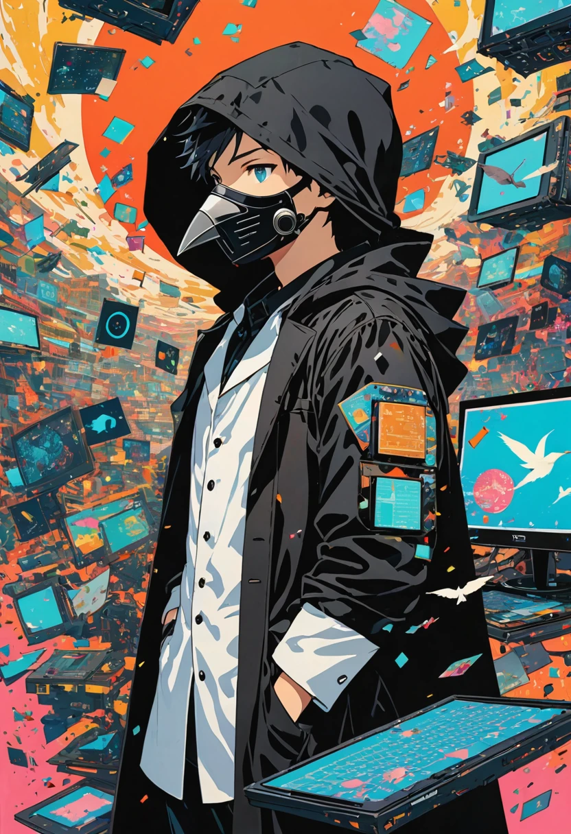 (masterpiece, best quality:1.1), (ultra highres, ultra-detailed:1.2),pop-art,flatcolor, woodblock print collage depicting, boys floating as he is surrounded by various monitor symbols,floating,Cyber ​​information is flying around, collage art, contemporary artistic collage,(outline),BREAK chibi-boys,(male Mad-scientist),(wearing plague-doctor costume,white beak-mask),black hood,black lab-coat, mecha arm,