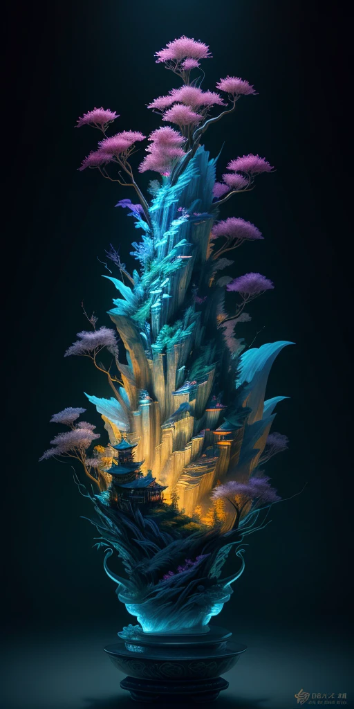 best quality, realistic, photorealistic, ultra detailed, "Mountain of Flower and Fruit+Fairy+Chinese Architecture" highly detailed carving on "southern ice" porcelain,Ultra wide angle,Accent Lighting,Volumetric Lighting,backlighting, (detailed light),((an extremely delicate and beautiful)),dramatic_shadow,ray_tracing,hdr