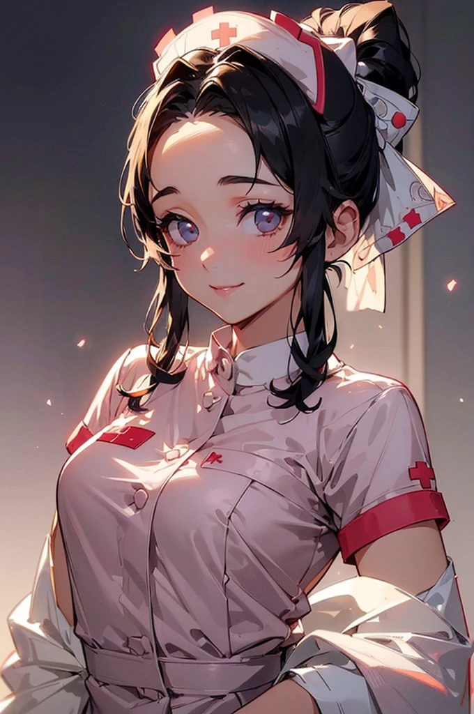 (((beautiful))), (((nurse, nurse))), ((Black Hair, ponytail, ribbon)), Small breasts, Glowing Skin, (((Intricate details))), High resolution, ((Intricate details, Ultra-detailed)), whole body, Are standing, looking at the camera, Red cheeks, smile, hospital,