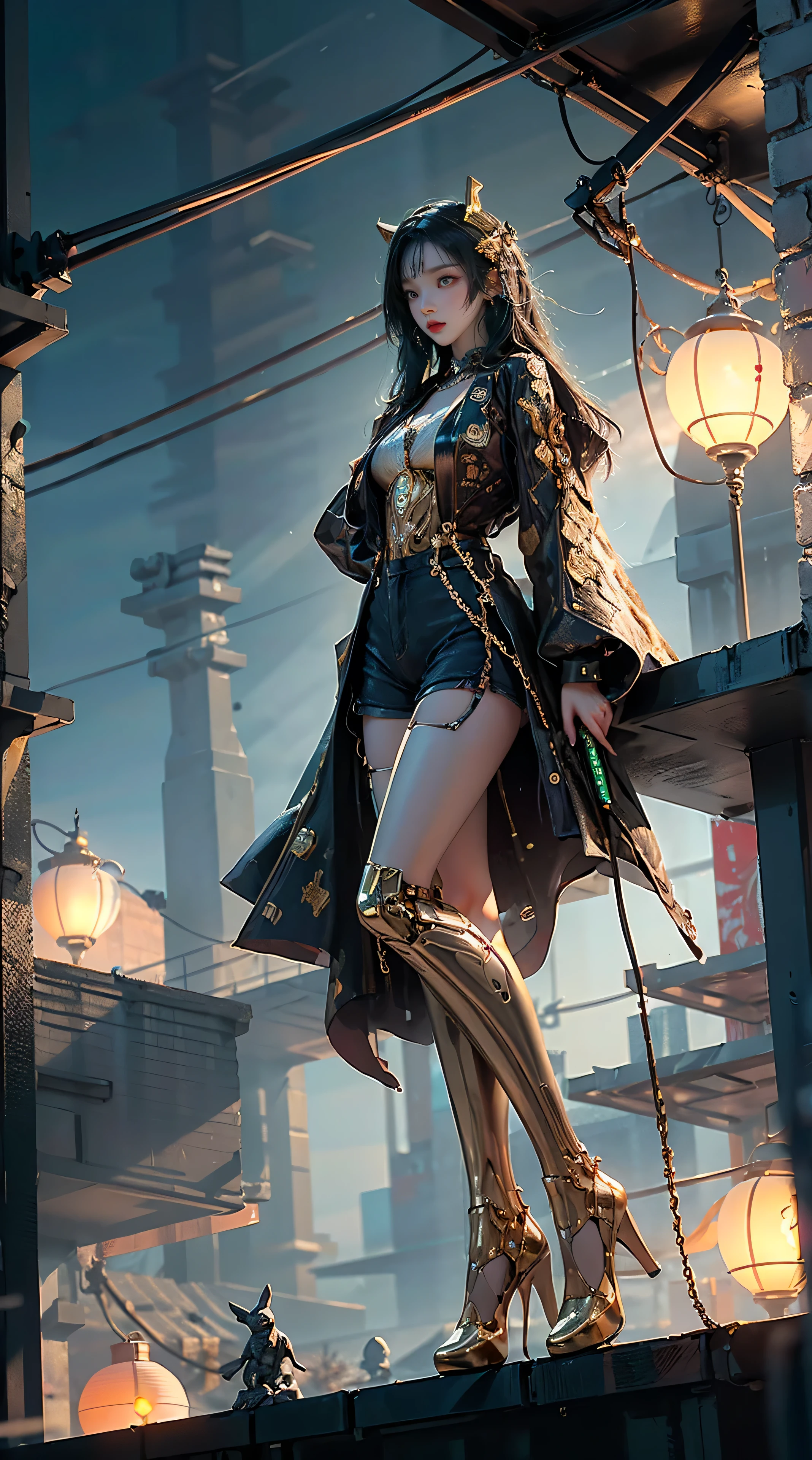 masterpiece, best quality, high resolution, 1 woman , from below, (매우 얇고 straight legs), (very long legs,straight legs), high heel, Long legs seen from the front, perfect body, with perfect legs, cyberpunk figures,Exquisite eyes,brown eyes,eye shadow,to put on make up,blonde hair, detailed face, detailed eyes, looking at viewer, blusher\(to put on make up\), plump lips, red lip,(long gray hair:1.3), (stand on all fours)Mechanically static,Summon Mech,(headdress:1.1),headgear,((((short gold jacket,ultra shorts)))),(black lace stockings,stocking suspenders),city,Luminous winding,With a gun in my hand,weapon,Cyberpunk Lighting:1.1),neon lights,Completely mechanical and futuristic elements,technology,The background is downtown New York,distance, sky sky, cyberpunk figures, lantern, Neon Super Resolution,(realism:1.3),1(slim:1.2),dramatic lighting,vivid details,classy cyberpunk,complex background,Rendering with high octane,