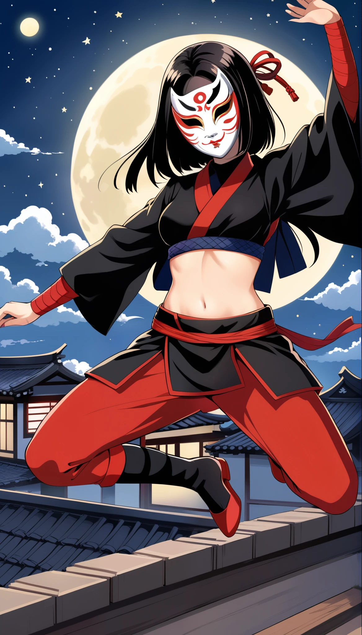 Young Woman, Ninja, Transparent Body(black), Kabuki Mask, Dagger, Jumping, Rooftops, Nahct, Moon and Stars, Sexy, Underboob, Transparent Pussy,