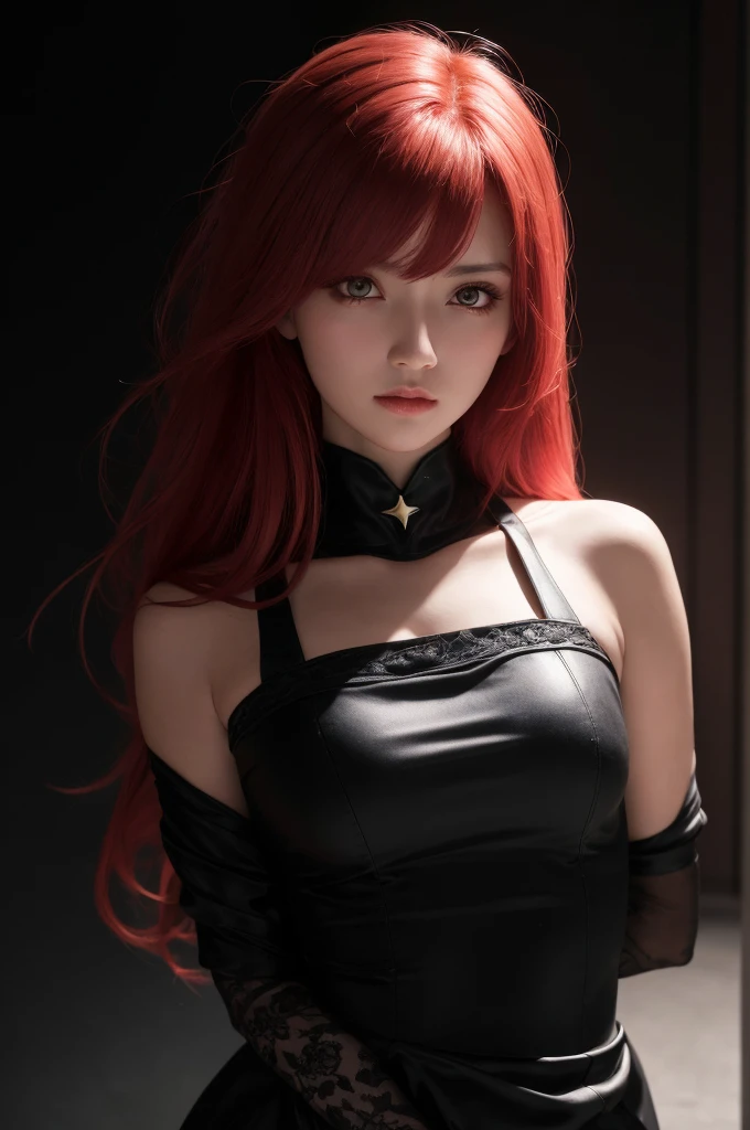 1girl, star eye, blush, perfect lighting, red hair, Eyes red, engine unreal, side-lighting, face detailed, bangss, shining skin, simple background, darkness background, sexy look