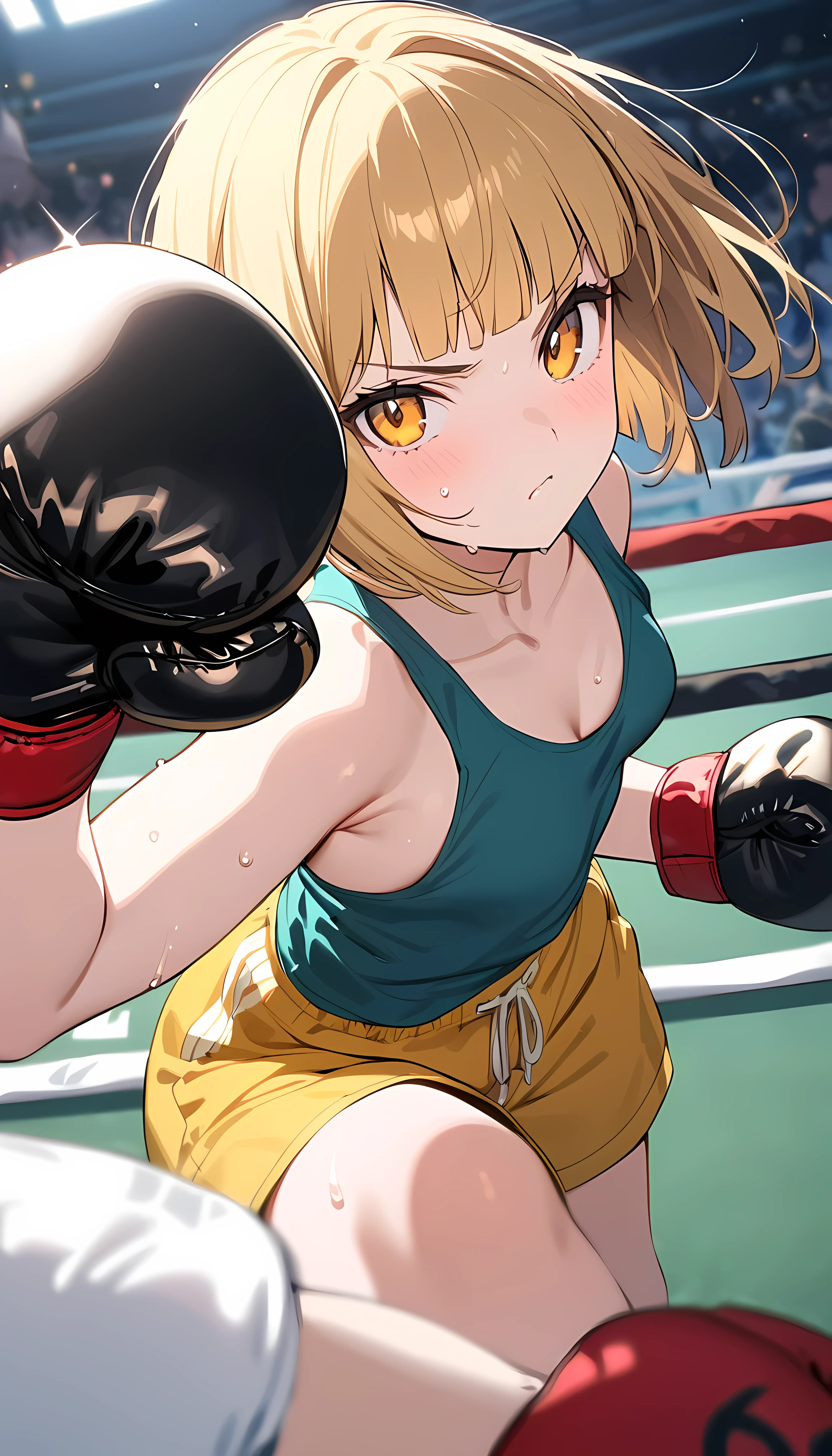 (1 girl),(Best Picture Quality, 8K, Masterpiece:1.3), (Middle school students:1.5), ((yellow beige lob hair:1.1)), (bob cut),(blunt bangs:1.3), (cute eyes, pupil black, iris orange, youthful face),(standard weight), (small breasts), (glistening skin:1.2),(pale skin:1.2),(serious:1.4),(sweat:1.1),BREAK,(boxing:1.1),(make a fist),(punch),(yellow shorts),(tank-top),(fighting:1.1), (reach out), (hit girl:1.1), ((boxing gloves)),(fighting pose),(pov:1.2)