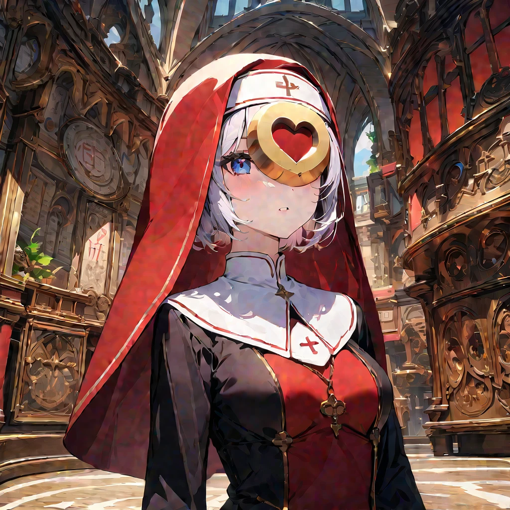 Red Nun、Nun with an "or" shaped head, detailed background, detailed writing, 4K, uhd, absurdes, ultra quality, masterpiece,