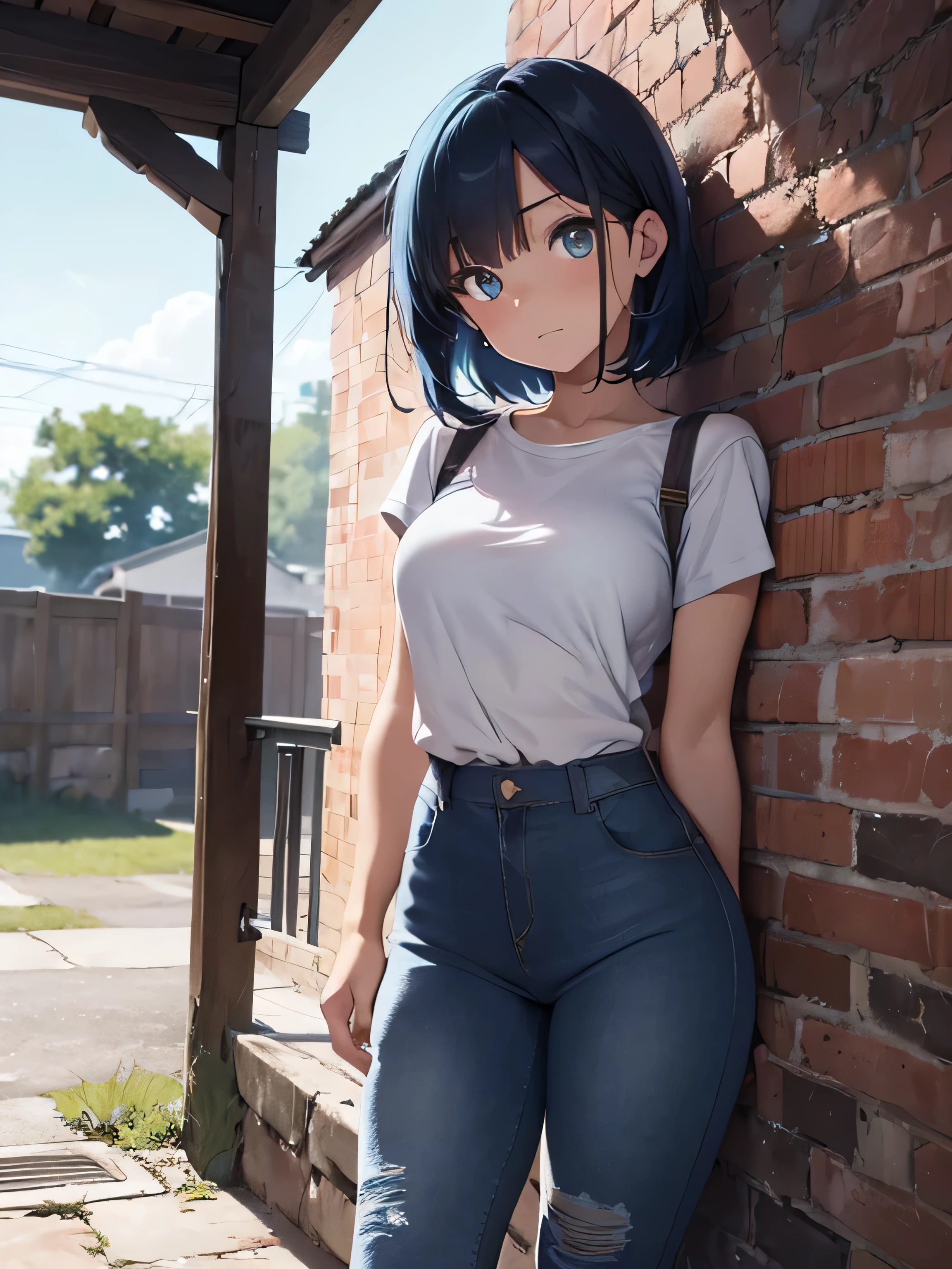masterpiece, extremely magnificent view, perspective, extreme best quality, extremely detailed CG, 8k wallpaper, ultra high resolution, highly detailed face, highly detailed eyes, perfect anatomy, super detailed skin, (scared 1.8), (behind the leaky iron fence 1.8), (dynamic angle, 1.2), outside the house, dilapidated brick wall, bathroom, (I have nowhere to run), (focus on the legs, full body: 1, 2), (beautiful face, beautiful eyes, beautiful legs: 1.3), 2 girls, 19 years old, European woman, short turquoise blue undercut hair, artificial shiny skin, scared, panicked, mouth open, screaming, thin , wide hips, thin waist, (mini skirt and long striped socks1.4), (blue jeans:1.4), (((lowered to the floor))), (barefoot:1.2)