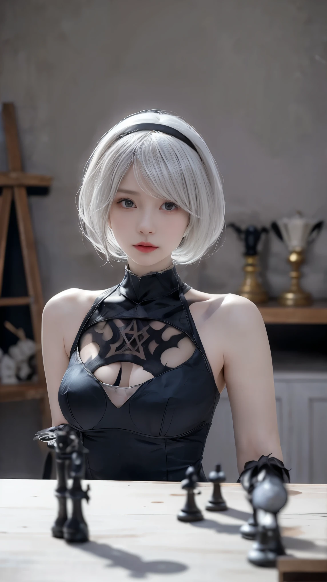 nier:Automata 2B cute cosplay、2B Female Cosplay、Fair skin、Tall、Stylish、Small face、Strong eyes、beautiful、beautiful、23 years old、British women、Half British、nier 2B オートマタの黒の衣装、Von Clare、beautifulポーズ デスブー オート マルエス ド フランス ブランシュ、Old Money Angled、masterpiece、Premium Quality、Premium Resolution、Fantasy、Refreshing feeling、Anime Cosplay Makeup、本格的なコスプレphotograph、Cool Review。photograph、Portrait、Upper Body、Pale pose、Surrounded by pale white light、happiness、soft、Fluid Rendering