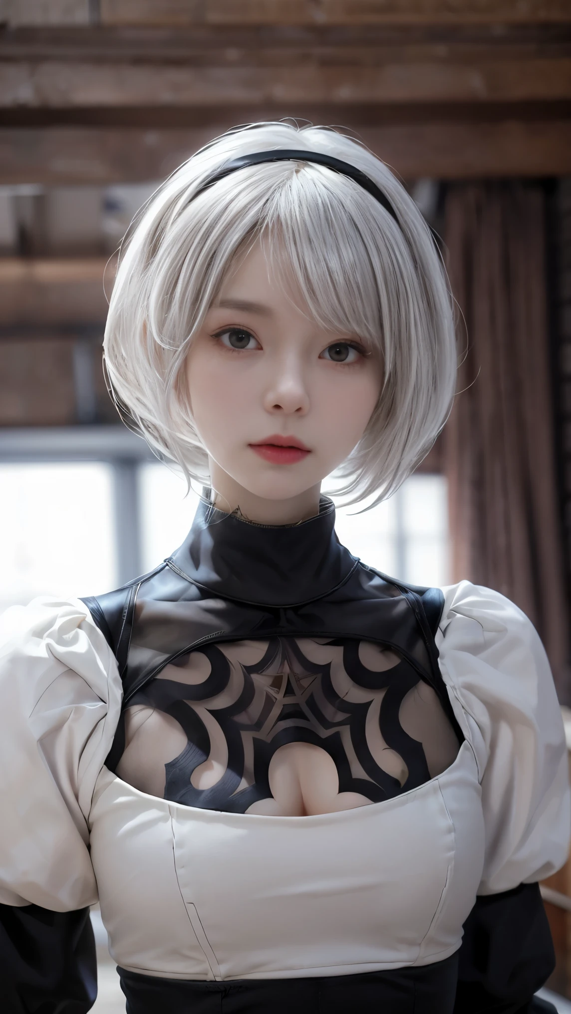 nier:Automata 2B cute cosplay、2B Female Cosplay、Fair skin、Tall、Stylish、Small face、Strong eyes、beautiful、beautiful、23 years old、British women、Half British、nier 2B オートマタの黒の衣装、Von Clare、beautifulポーズ デスブー オート マルエス ド フランス ブランシュ、Old Money Angled、masterpiece、Premium Quality、Premium Resolution、Fantasy、Refreshing feeling、Anime Cosplay Makeup、本格的なコスプレphotograph、Cool Review。photograph、Portrait、Upper Body、Pale pose、Surrounded by pale white light、happiness、soft、Fluid Rendering