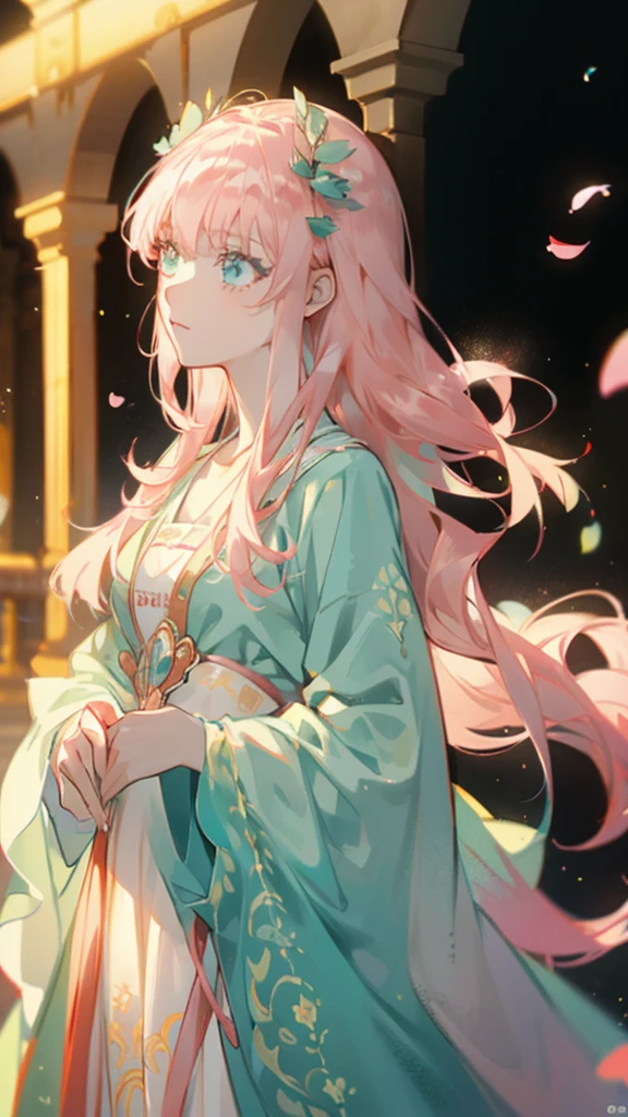 a young woman with long hair posing outside with flowers on her head, 1girl, solo, long hair, flower,(risheirmgardweitzner,pink_hair,aqua_eyes,:1.2),