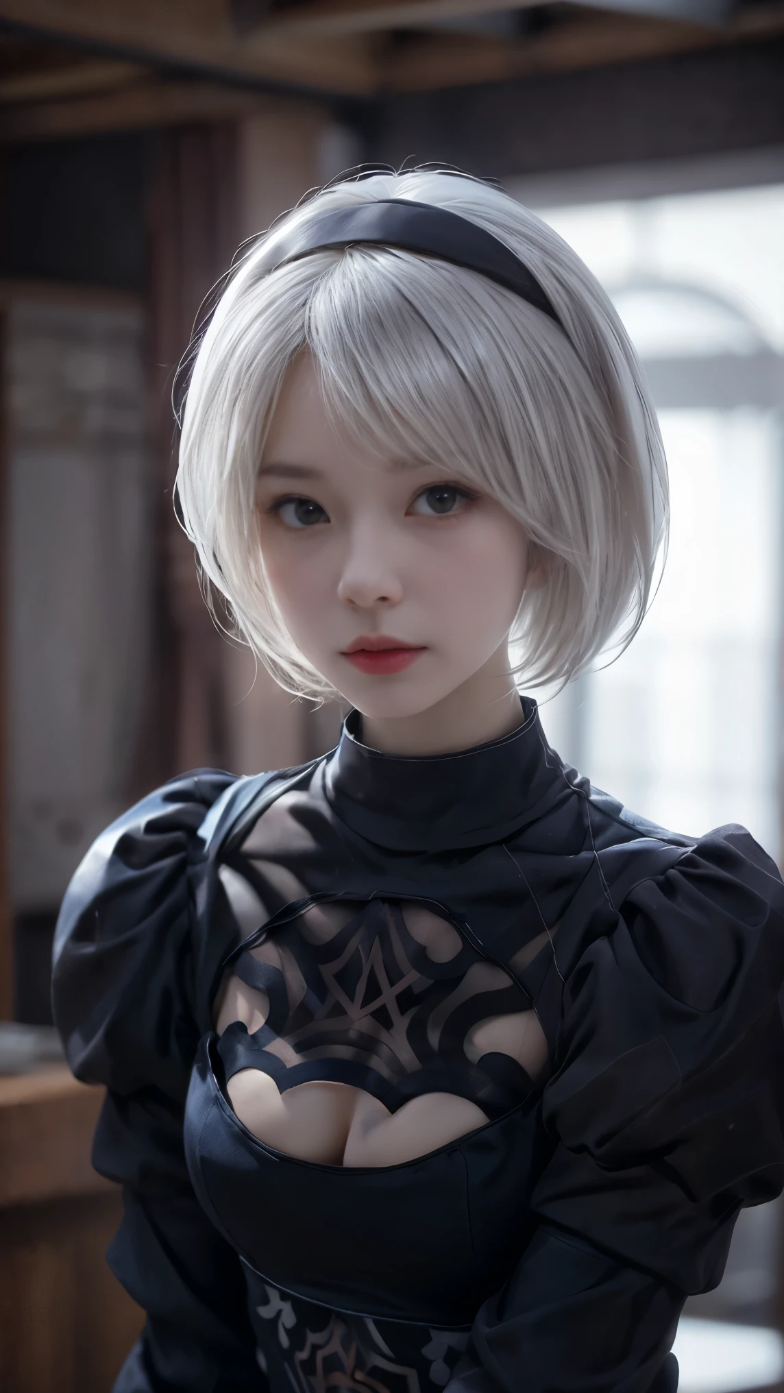 nier:Automata 2B cute cosplay、2B Female Cosplay、Fair skin、Tall、Stylish、Small face、Strong eyes、beautiful、beautiful、23 years old、British women、Half British、nier 2B オートマタの黒の衣装、Von Clare、beautifulポーズ デスブー オート マルエス ド フランス ブランシュ、Old Money Angled、masterpiece、Premium Quality、Premium Resolution、Fantasy、Refreshing feeling、Anime Cosplay Makeup、本格的なコスプレphotograph、Cool Review。photograph、Portrait、Upper Body、Pale pose、Surrounded by pale white light、happiness、soft、Fluid Rendering