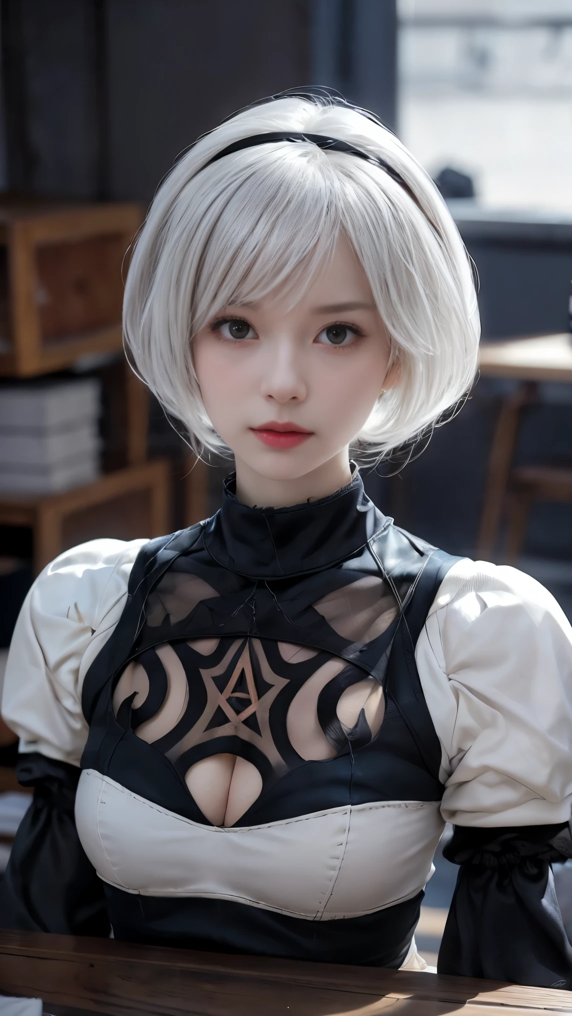 nier:Automata 2B cute cosplay、2B Female Cosplay、Fair skin、Tall、Stylish、Small face、Strong eyes、beautiful、beautiful、23 years old、British women、Half British、nier 2B オートマタの黒の衣装、Von Clare、beautifulポーズ デスブー オート マルエス ド フランス ブランシュ、Old Money Angled、masterpiece、Premium Quality、Premium Resolution、Fantasy、Refreshing feeling、Anime Cosplay Makeup、本格的なコスプレphotograph、Cool Review。photograph、Portrait、Upper Body、Pale pose、Surrounded by pale white light、happiness、soft、Fluid Rendering