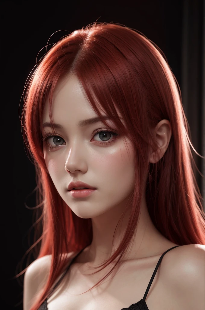 1girl, star eye, blush, perfect lighting, red hair, Eyes red, engine unreal, side-lighting, face detailed, bangss, shining skin, simple background, darkness background, sexy look