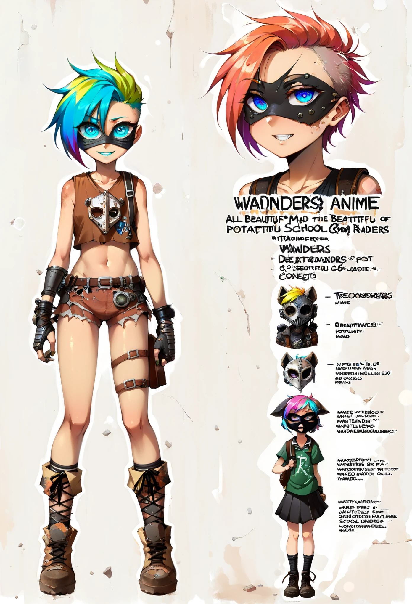 ((masterpiece))), (((best quality))), ((ultra-detailed)), ((highly detailed CG illustration)))),(masked ), cinematic light, absurd clothing, 1 young girl, ((character sheet)), concept art, ((full-length)), (masterpiece:1.2), (best quality:1.3), (single background, white background: 1.3),( CHARACTERS OF THE POST-APOCALYPTIC WORLD OF WASTELANDS))))), (( Characters WANDERERS RAIDERS)), ( MAD MAX concepts))))), (( quality face)), ((( beautiful anime eyes of the characters))) , ( quality anime eyes of the characters), (((high-quality anime pupils)), ((beautiful anime pupils)), ((beautiful shape of anime eyes)), (( beautiful shape of anime pupils)), (( all faces with anime eyes)), ( simple anime eyes of the characters))), ((( very erotic pose))) , ( post-apocalyptic wastelands)))), bright hair, old clothes, ((((school))), (School desks))), , leg raised))), (( covers the body)), (( alien lizards)))), ( the most torn clothes ) , ((( universe post-apocalyptic world))), (((excited face))), ((comic)), (((green face))), (((green body))), (((school uniform))), (((mask on the face))), (((Witch dress))),
