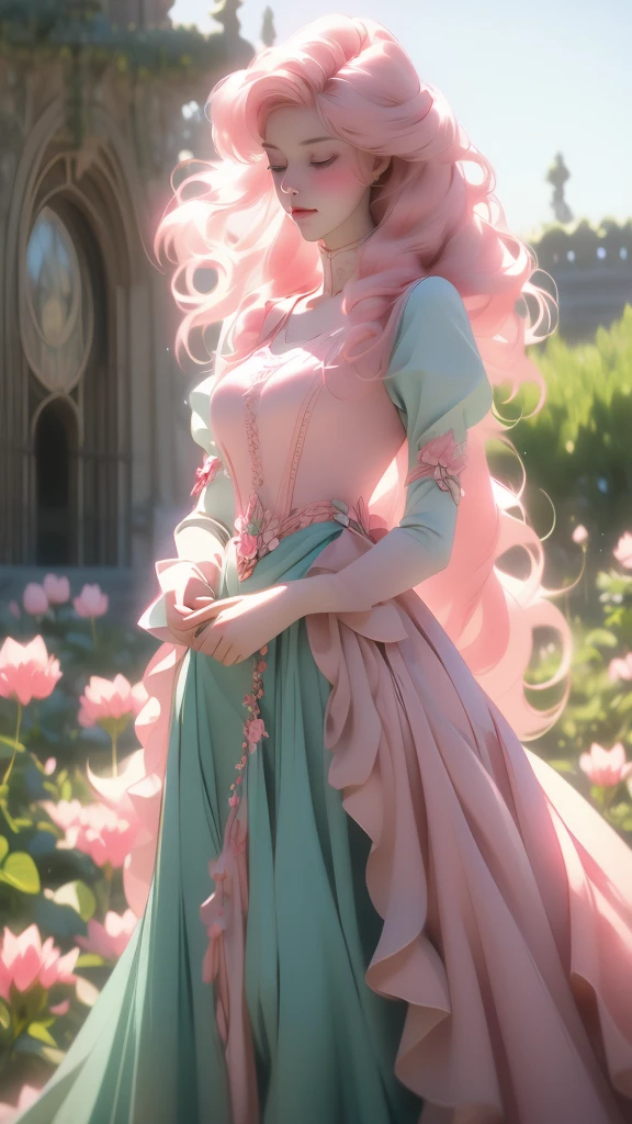 woman standing around pink flowers with hair in pink curl in hair, holding hands, 1girl, solo, realistic, flower, closed eyes,(risheirmgardweitzner,pink_hair,aqua_eyes,:1.2),